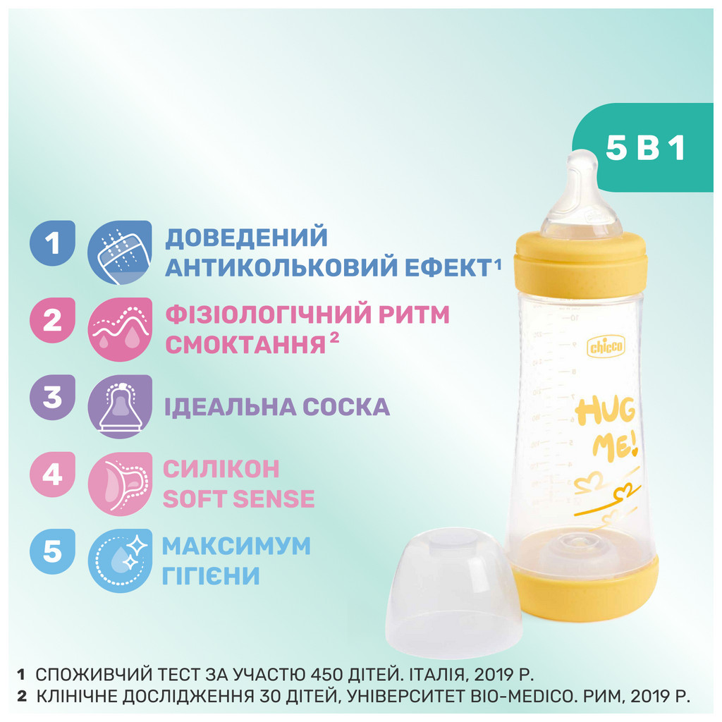 Пляшечка для годування Chicco Perfect 5 Love із силіконовою соскою 4+ міс. 300 мл Жовта (20235.31.40) - зображення 3