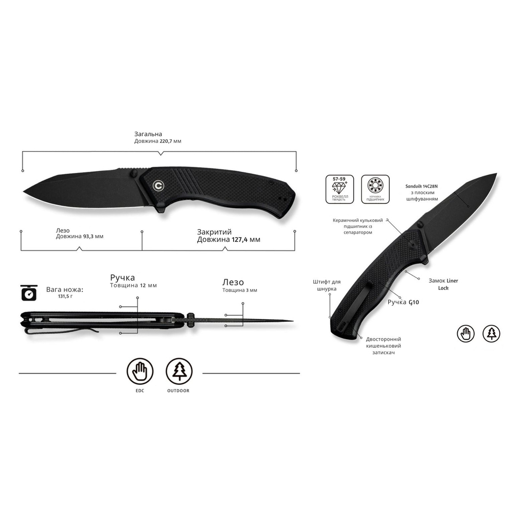 Ніж Civivi Placoid, Darkwash, чорний G10 (C23079-1) - зображення 10