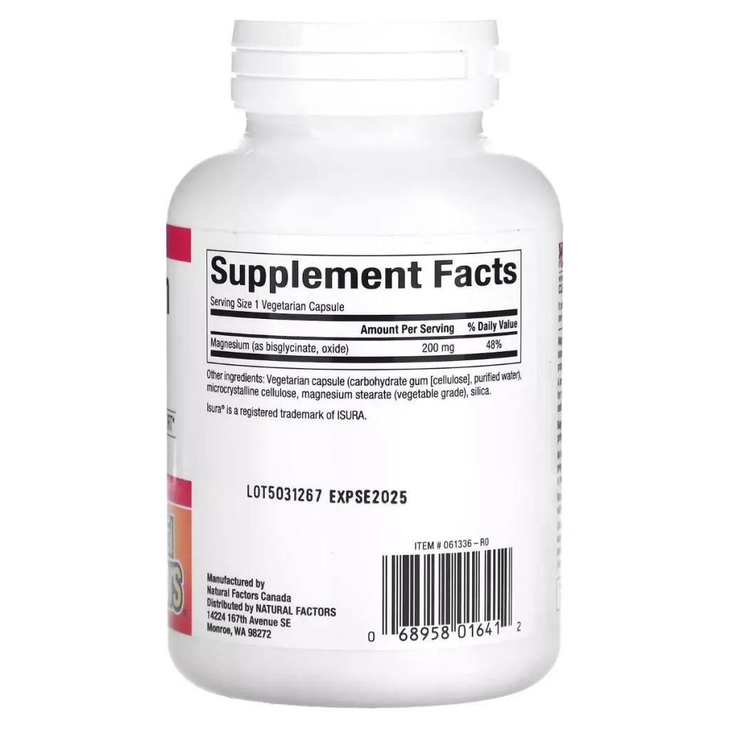 Мінерали Natural Factors Магній Бісгліцинат, 200 мг, Magnesium Bisglycinate, 120 вегетаріанськ (NFS-01641) - зображення 2