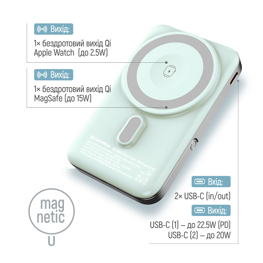 Батарея універсальна ColorWay 10 000 mAh PD/22.5W, 15W MagSafe & Watch Wireless Aquamarine (CW-PB100LPA2MT-WPDD) - изображение 7