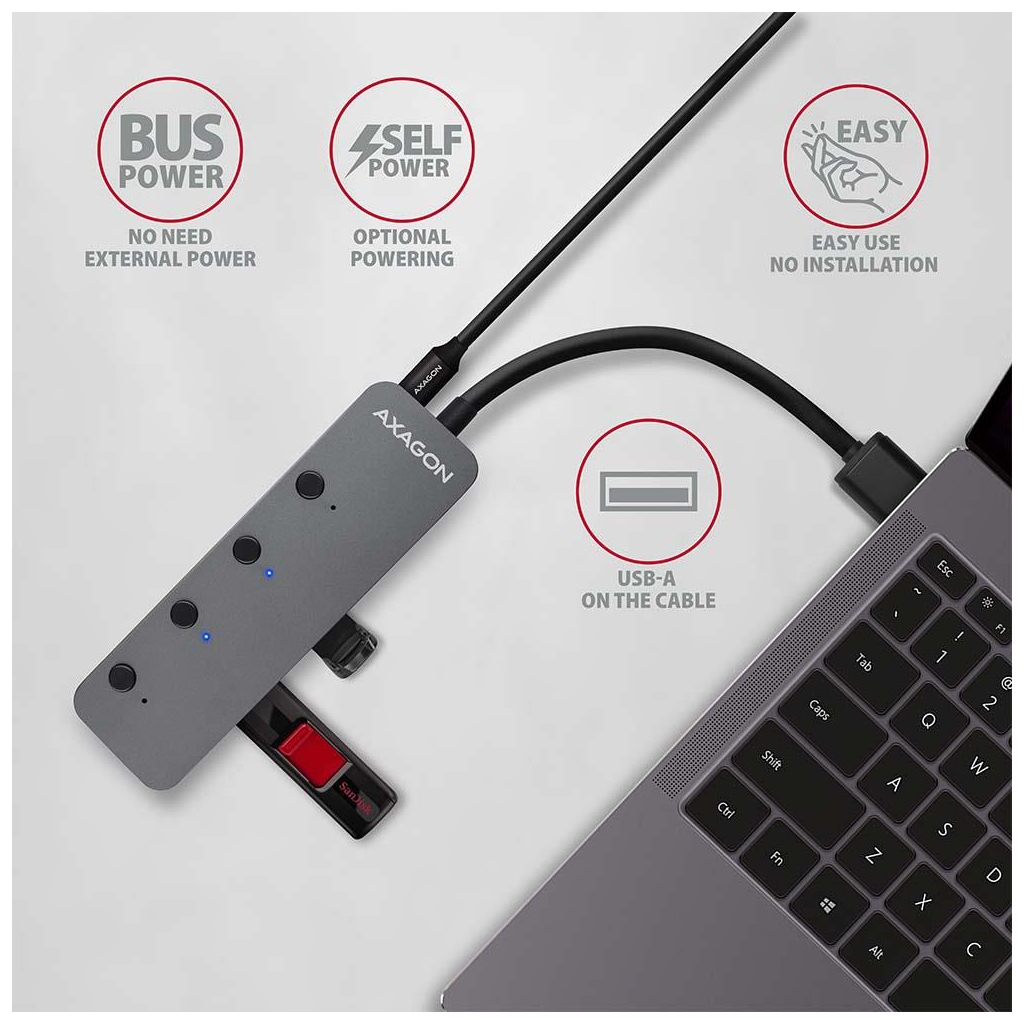 Концентратор AXAGON USB 3.1 to 4xUSB 3.0 0.2m switch black (HUE-MSA) - зображення 4