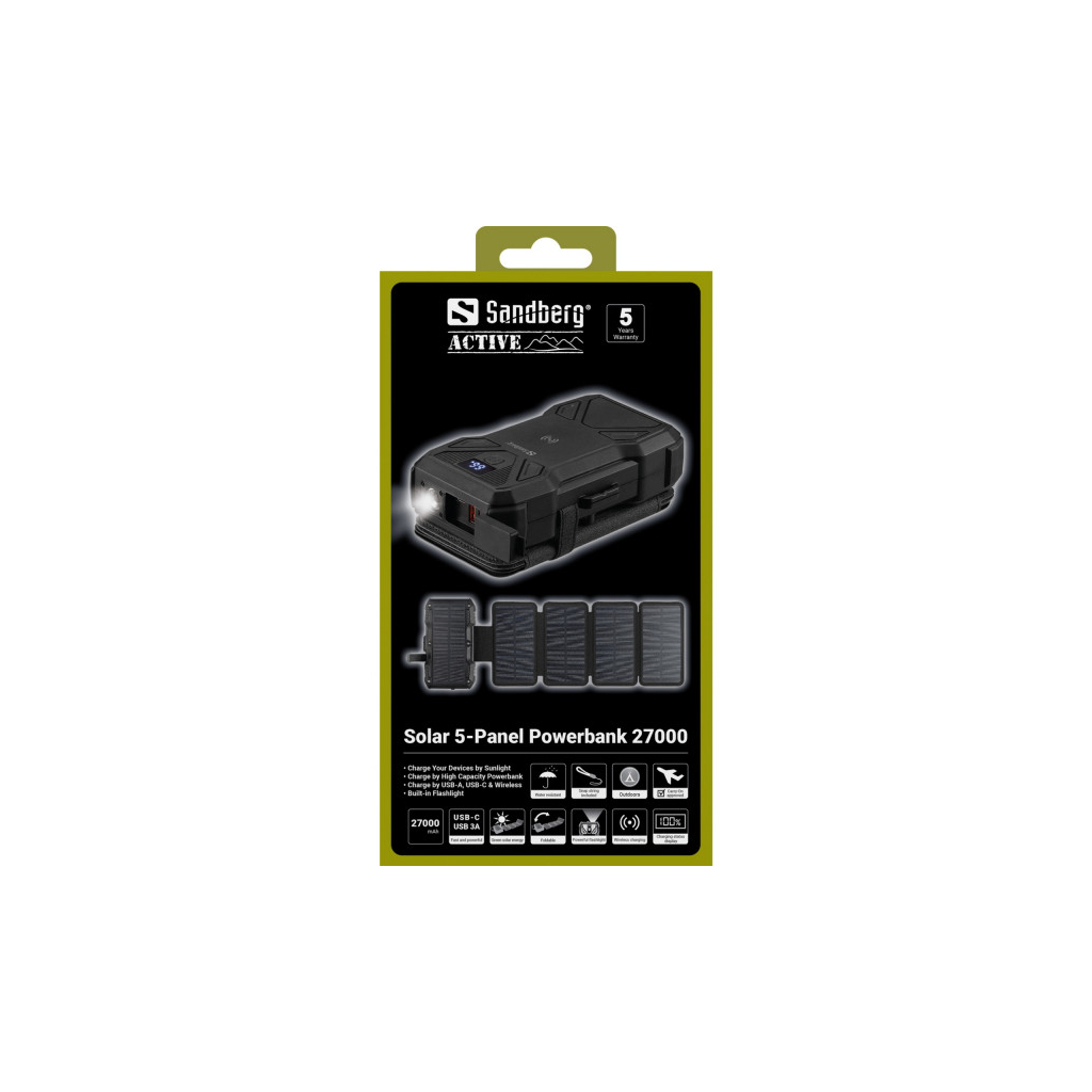 Батарея універсальна Sandberg 27000mAh Solar 5-Panel 8W, PD/20W, IP54, Flashlight, wireless charging 15W (421-06) - зображення 8