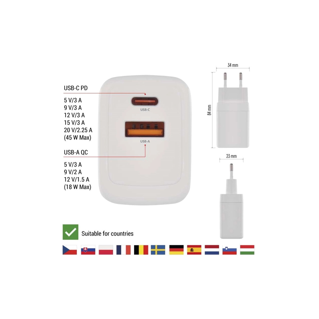 Зарядний пристрій EMOS V04G45 1xUSB-A + 1xUSB-C PD20W GaN (V04G45) - зображення 5