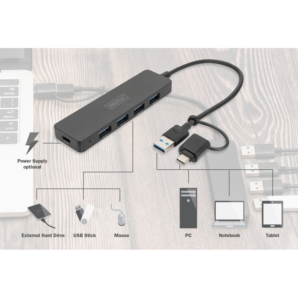 Концентратор Digitus USB-C + USB-A to 4xUSB-A 0.2m black (DA-70235) - зображення 4