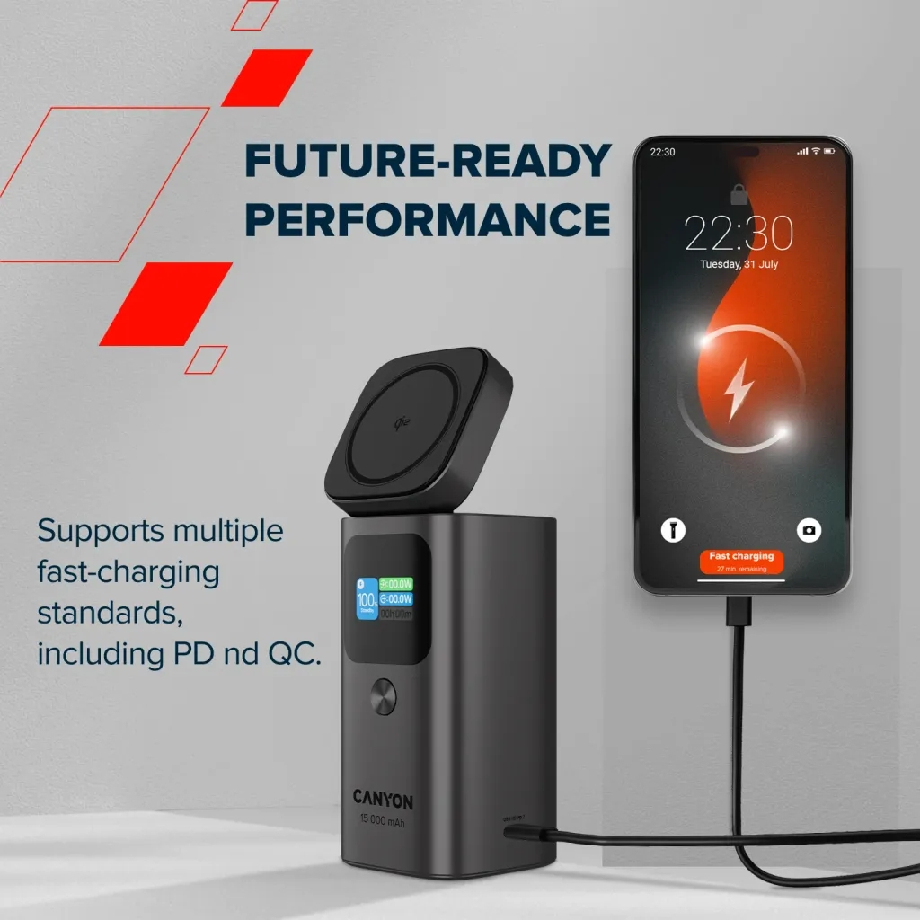 Батарея універсальна Canyon 15000mAh OnPower 150 Qi2 magnetic Grey (CNS-CPB150DG) - изображение 9