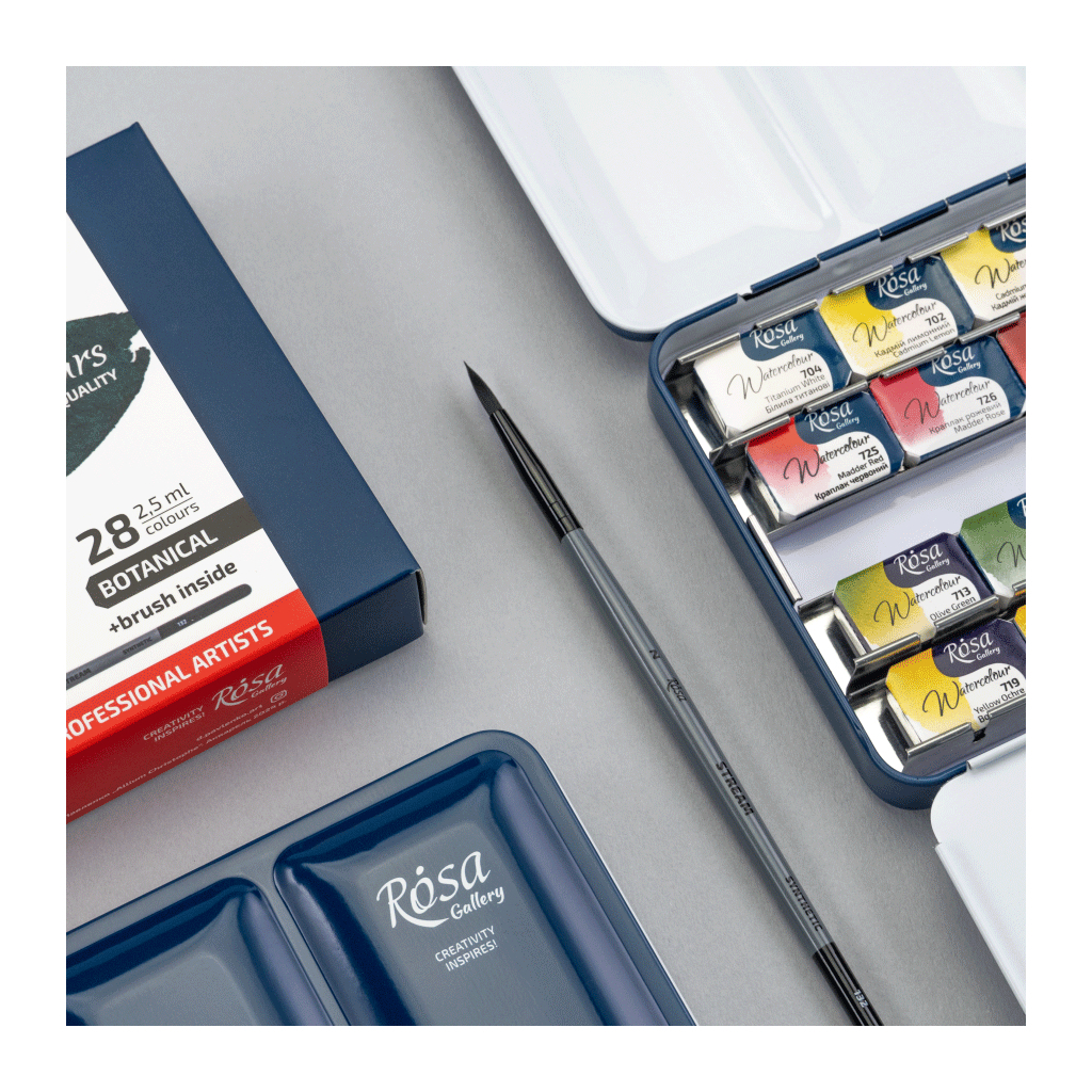 Акварельні фарби Rosa Gallery BOTANICAL 282,5мл з пензлем, кювета Індіго металевий пенал (4823098544791) - picture 9