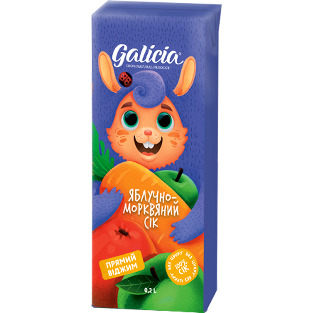 Сік дитячий Galicia Яблучно-морквяний прямого віджиму неосвітлений 200 мл (4820209560312) - изображение 1