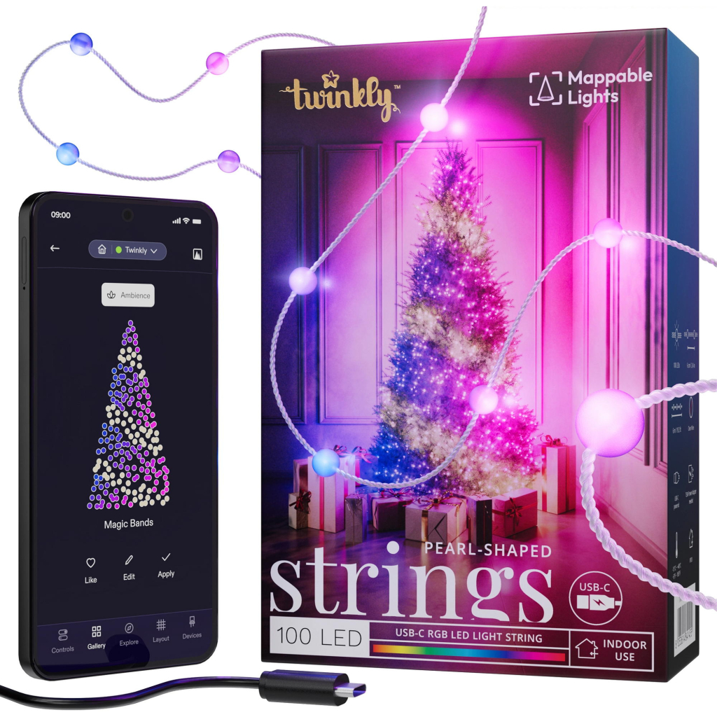 Гірлянда Twinkly Smart LED Strings USB 100 Pearl-shaped RGB LEDs, Clear Wire, USB-C 6м (TWKP100RGB-T) - зображення 1