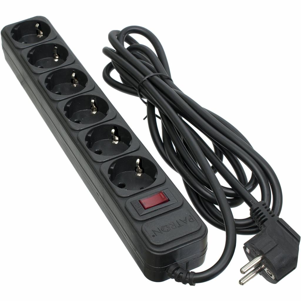 Мережевий фільтр живлення Patron 3.0 m3*1.5mm2 (SP-1663) 6 розеток BLACK (EXT-PN-SP-1663) - зображення 1