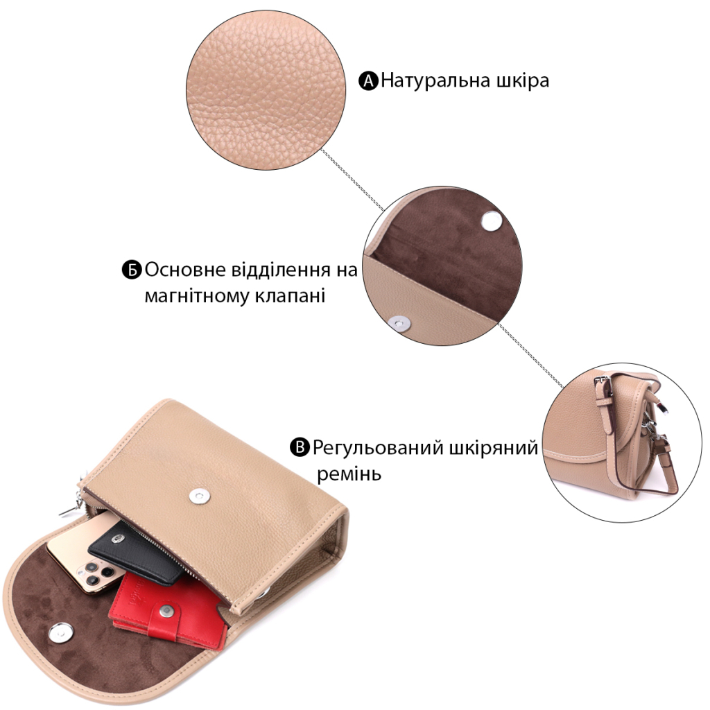 Сумка Vintage Шкіряна жіноча з напівкруглим клапаном Бежева (22257) - зображення 5