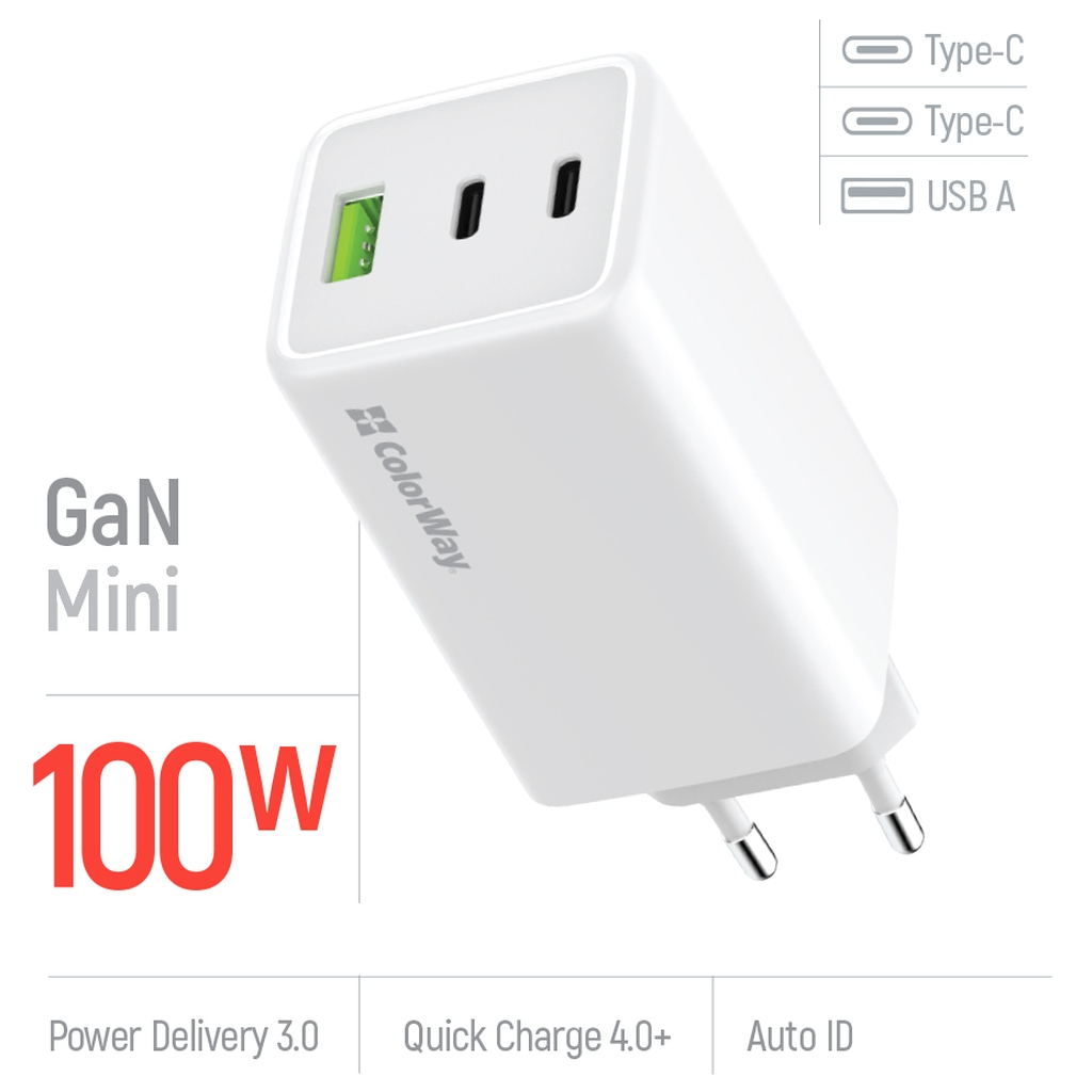 Зарядний пристрій ColorWay C101B GaN Mini 100W PD PPS 2xUSB-C + USB-A white (CW-CHS061PD-WT) - изображение 7