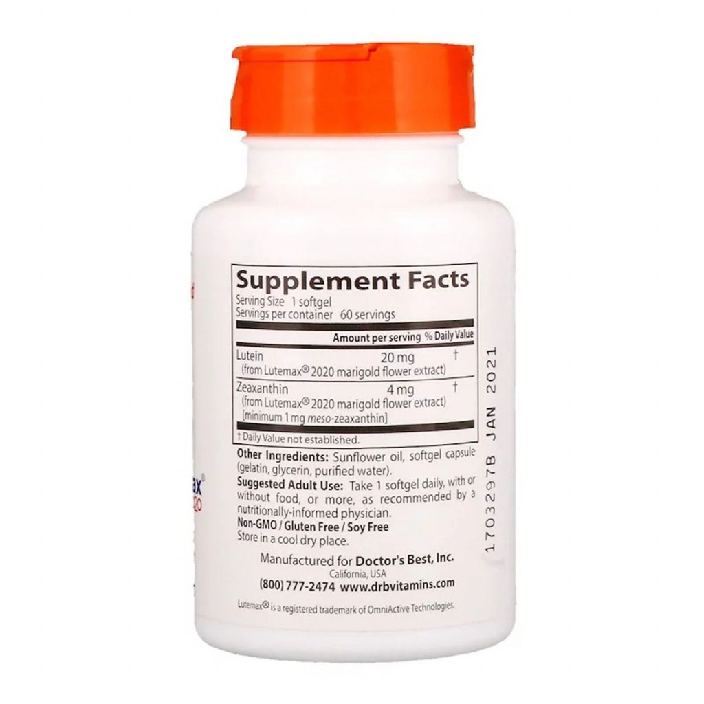 Амінокислота Doctor's Best Лютеїн, Lutein with Lutemax 20 мг, 60 желатинових капсул (DRB00369) - зображення 2