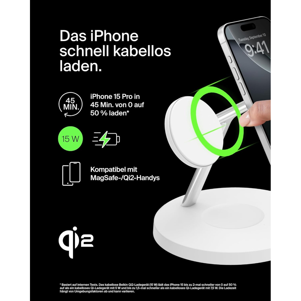 Зарядний пристрій Belkin 3in1 Magnetic Pad Qi2 15W White (WIZ032KQWH) - зображення 2