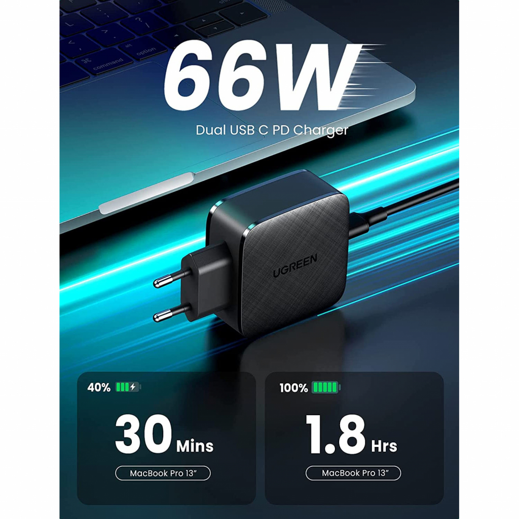 Зарядний пристрій Ugreen CD216 66W 2xType-C PD Charger (Black) (70867) - зображення 2
