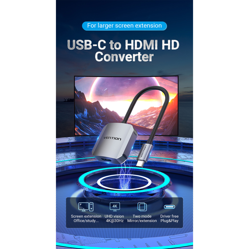 Перехідник USB3.1 Type-C to HDMI (F) 4K 30HZ 0.15m Vention (TDEHB) - зображення 2