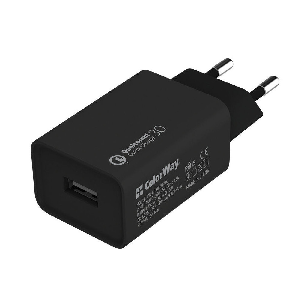 Зарядний пристрій ColorWay 1USB Quick Charge 3.0 (18W) black + cable Lightning (CW-CHS013QCL-BK) - зображення 1