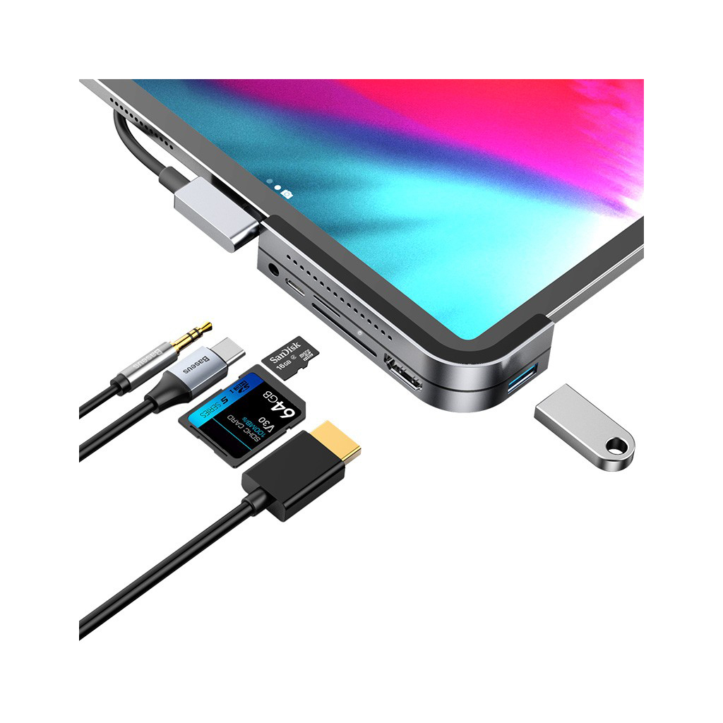 Концентратор Baseus USB3.1 Type-C to HDMI/USB 3.0x3/TF, SD/Type C PD/3.5mm (CAHUB-WJ0G) - зображення 3