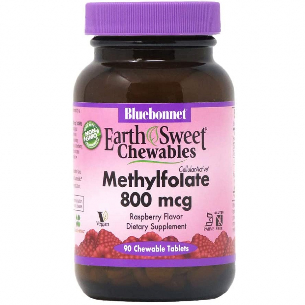 Вітамін Bluebonnet Nutrition Метилфолат (B9) 800мкг, Смак Малини, Earth Sweet Chewables, Bluebonnet Nutrition, 90 жувальних таблеток (BLB0454) - зображення 1