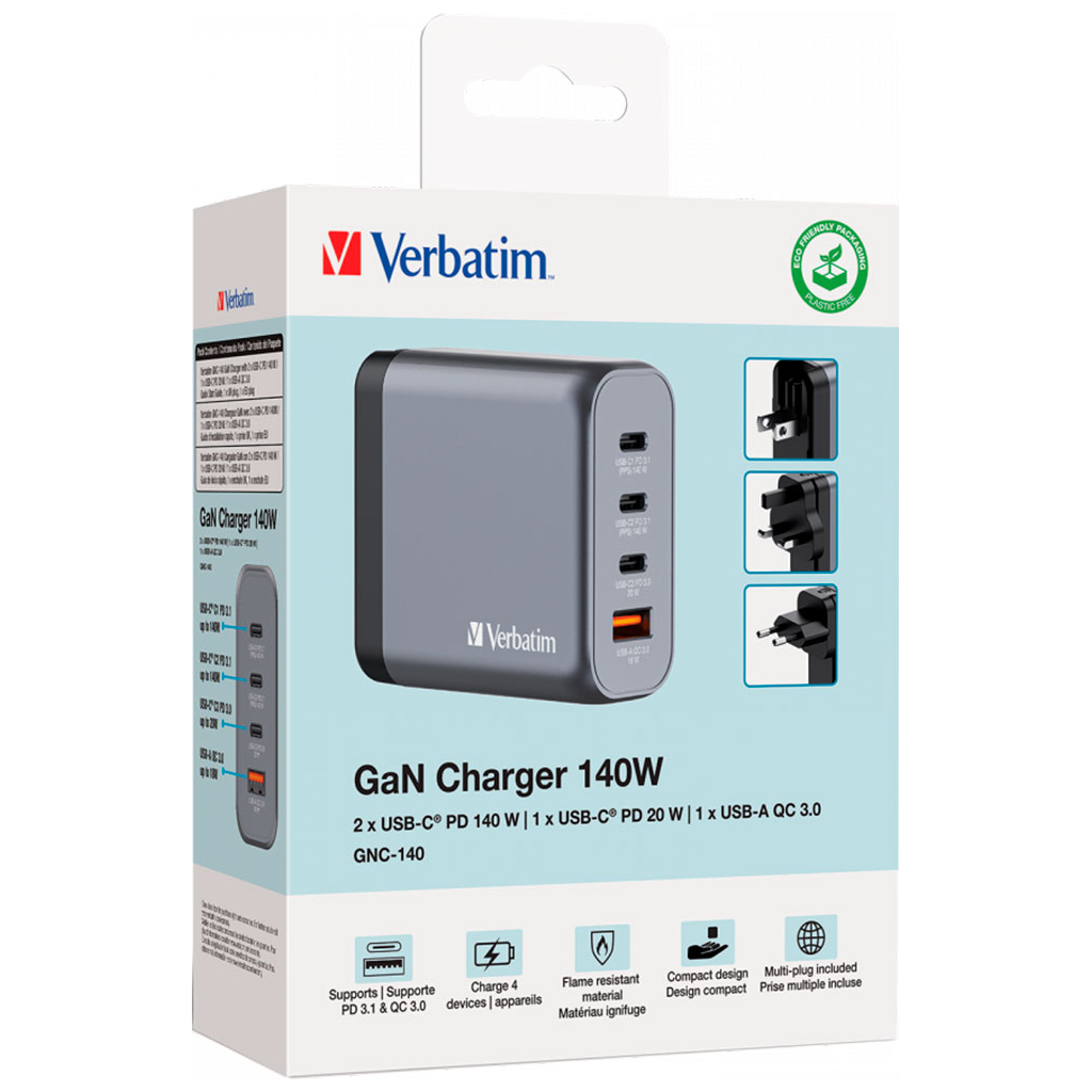 Зарядний пристрій Verbatim GaN 140 W 4 ports (2xUSB-C-140 W,USB-C 20 W /USB-A -3.0) (32203) - зображення 6