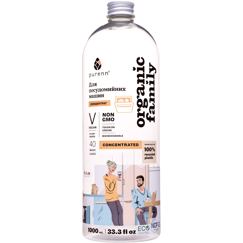 Гель для миття посуду в посудомийці Purenn Organic Family 2 в 1 Очищення та ополіскування з Ялівцем та Сосною 1 л (4751024880050) - зображення 1