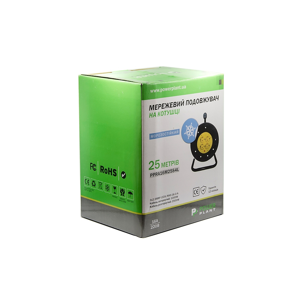 Мережевий подовжувач PowerPlant катушка 25 м, 3x2.5мм2, 16А, 4 розетки (PPRA16M25S4L) - зображення 3