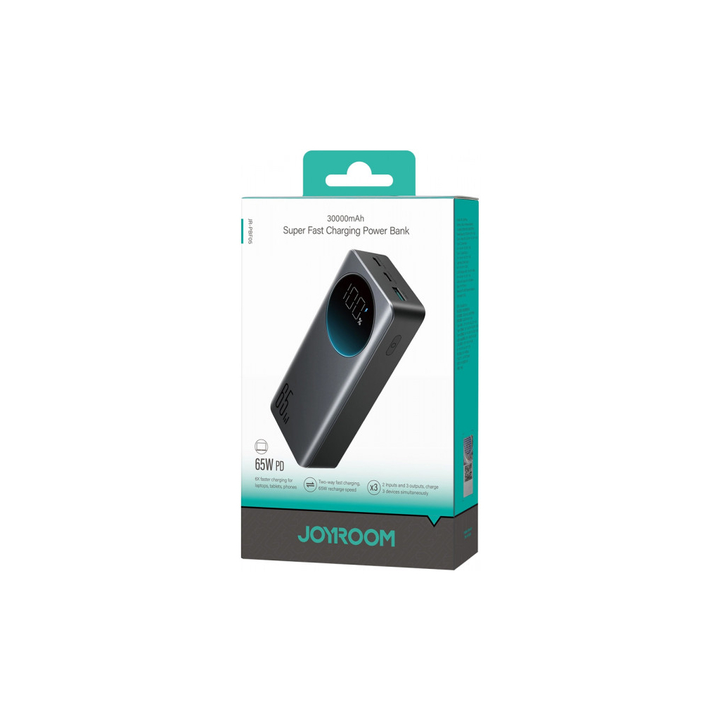 Батарея універсальна JOYROOM 30000mAh 65W PD, QC/3.0, USB-A, 2xUSB-C In/Out, Black (JR-PBF05) - изображение 8