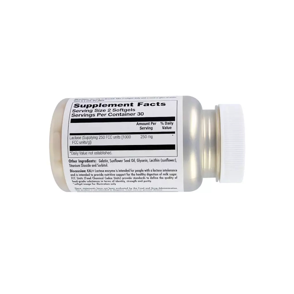 Пробіотики KAL Лактаза, Lactase Enzyme, 250 мг, 60 гелевих капсул (CAL-80206) - зображення 2