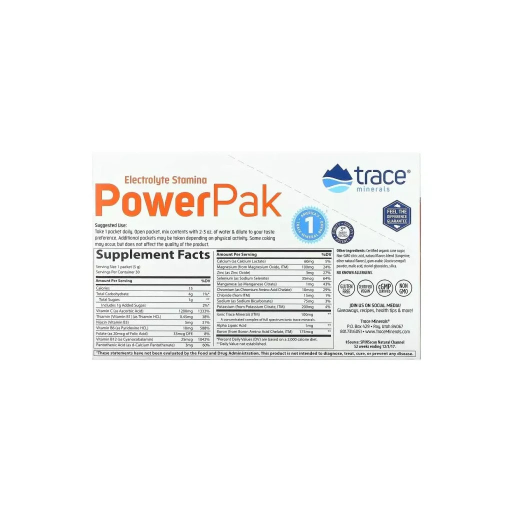 Вітамінно-мінеральний комплекс Trace Minerals Електроліти, смак мандарину, Electrolyte Stamina PowerPak, 30 пакето (TMR-00349) - зображення 2