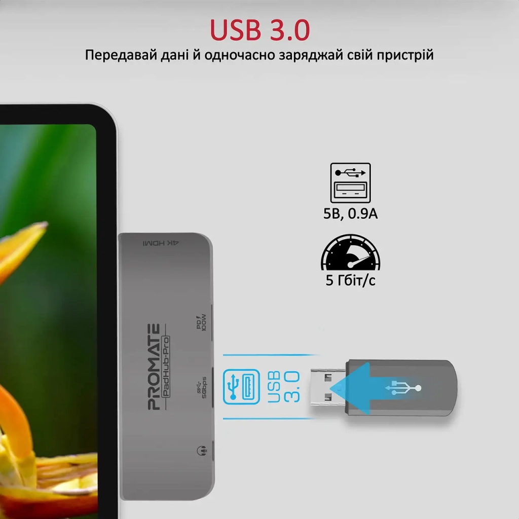 Концентратор Promate USB Hub 4 ports padhub-pro.grey (padhub-pro.grey) - зображення 5