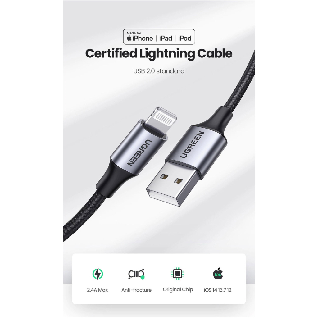 Дата кабель USB 2.0 AM to Lightning 1.0m US199 MFI Black Ugreen (US199/60156) - зображення 3