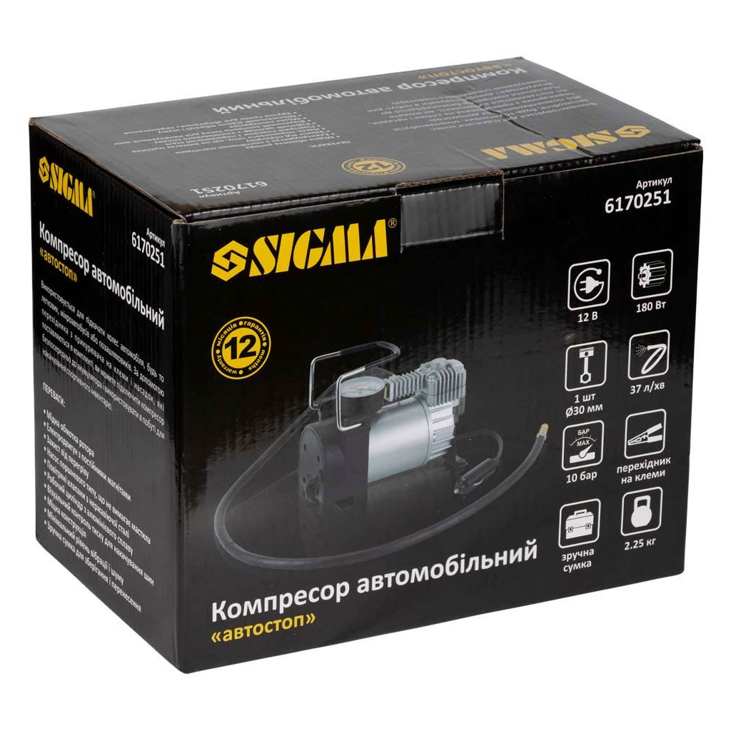Автомобільний компресор Sigma 12В, 180Вт, 37л/мин, 10бар (6170251) - изображение 9