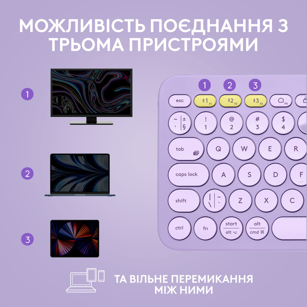 Клавіатура Logitech K380 Multi-Device Bluetooth UA Lavender Lemonade (920-011166) - зображення 7