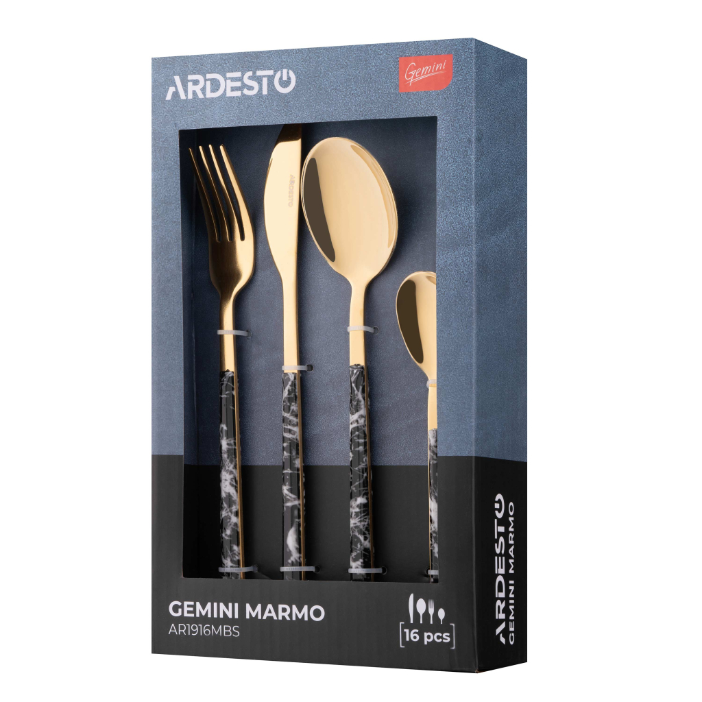Набір столових приборів Ardesto Gemini Marmo, 16 приборів, нержавіюча сталь, пластик, золотисто-чорний (AR1916MBS) - изображение 6