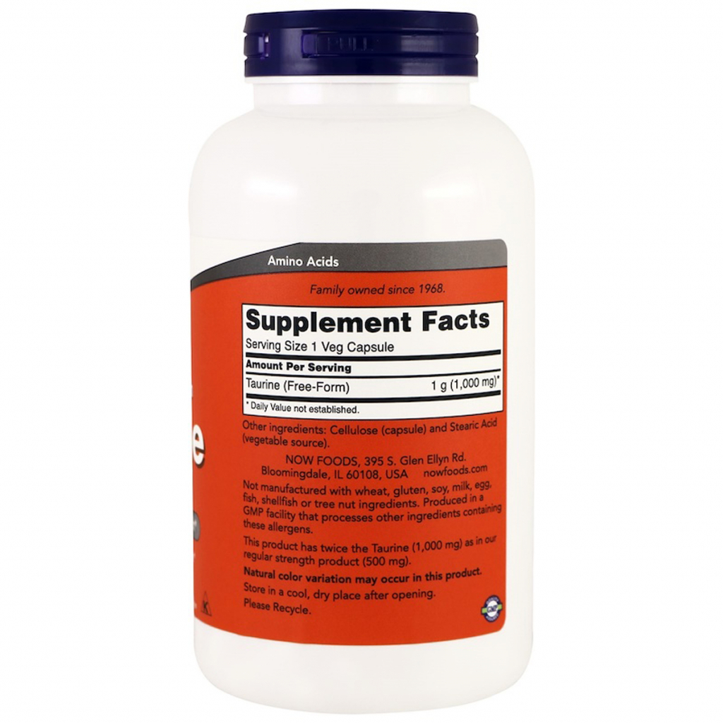Амінокислота Now Foods Таурін, Taurine, 1000 мг, 250 вегетаріанських капсул (NOW-00143) - зображення 2
