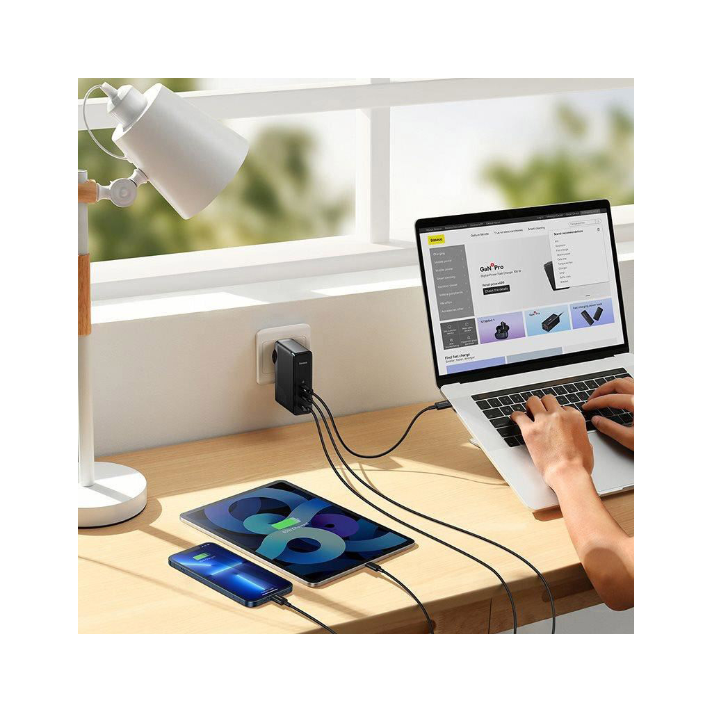 Зарядний пристрій Baseus 2xUSB-C 140W + 1xUSB GaN + cable USB-C to USB-C black (CCGP100201) - зображення 9