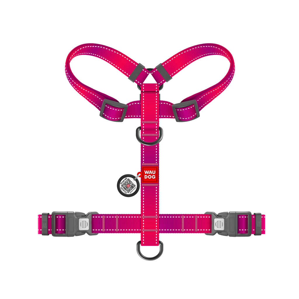 Шлея для собак WAUDOG Nylon Mono анатомічна H-подібна з QR паспортом, пластиковий фастекс, L рожева (54587) - зображення 3