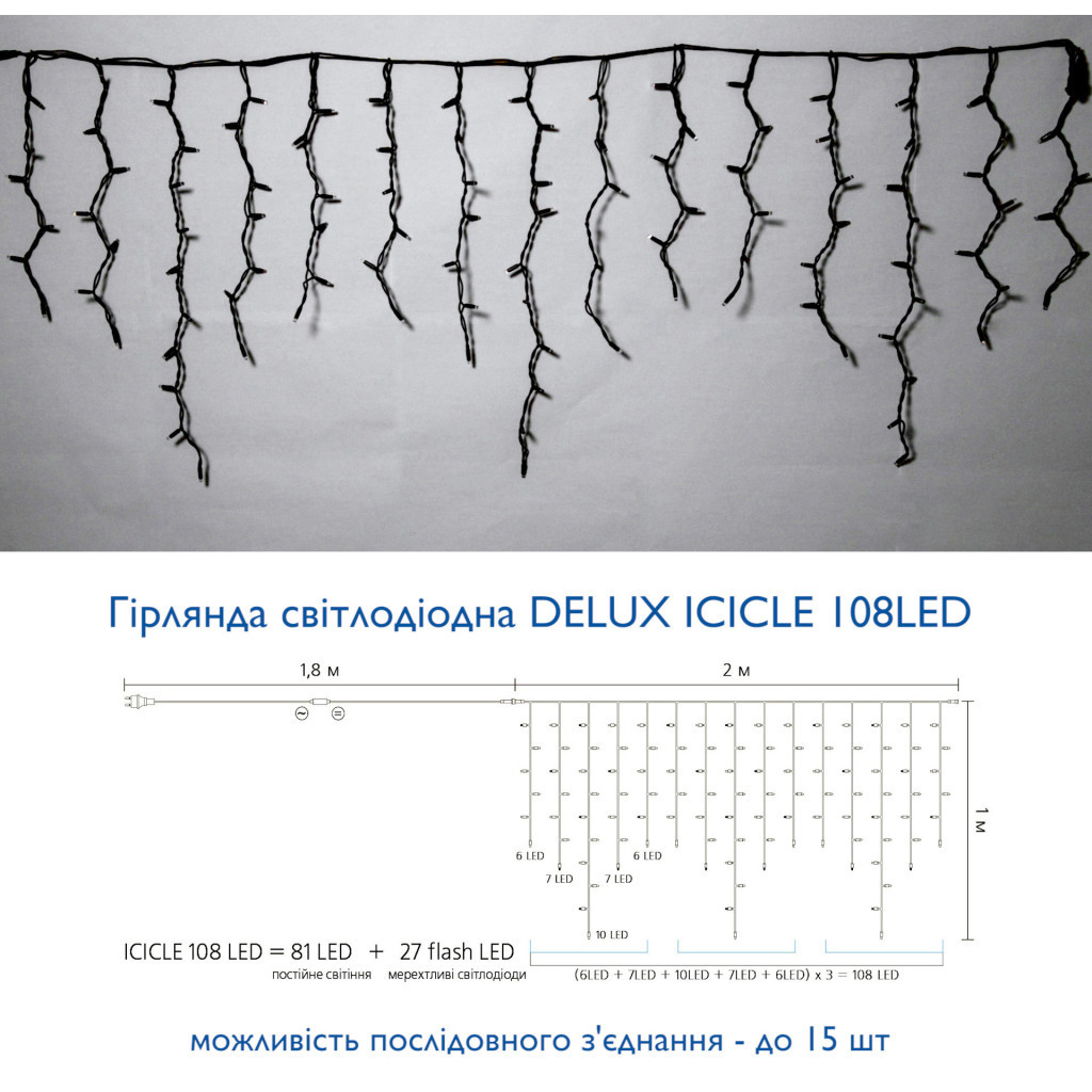 Гірлянда Delux ICICLE flash 108LED 2 х 1 м синій / білий IP44 EN (90012945) - зображення 3