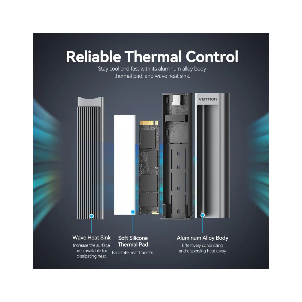 Кишеня зовнішня Vention SSD M.2 (NVME) M-key USB Type-C 3.2 10Gbps Heat Sink Aluminum (KPKH0) - зображення 3