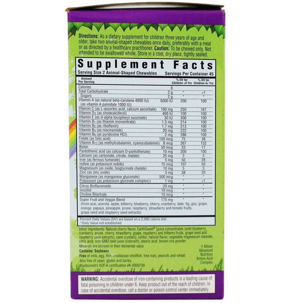Мультивітамін Bluebonnet Nutrition Мультивітаміни для Дітей, Смак Винограду, Rainforest Animalz 180 жувальних таблеток у формі тварин (BLB-00187) - зображення 2
