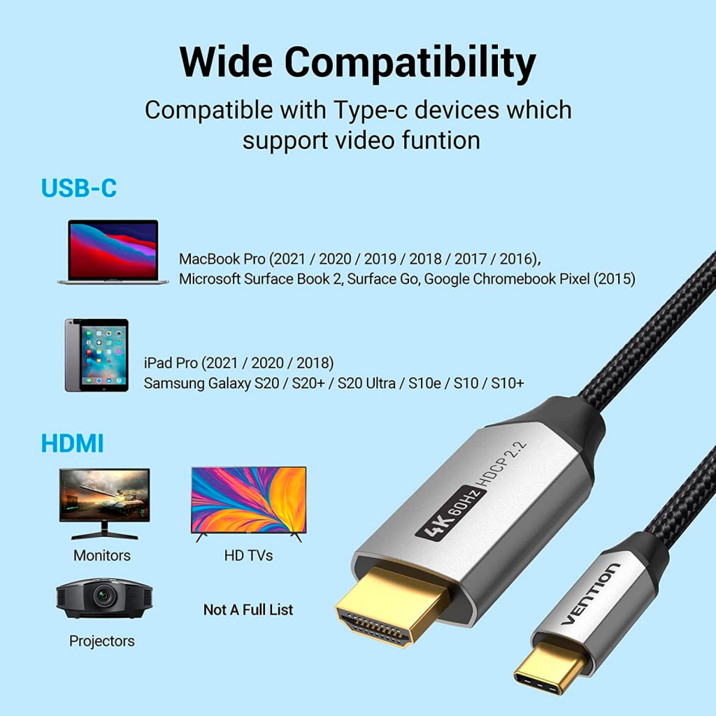 Кабель мультимедійний USB-C to HDMI M 1.0m braided black Vention (CRBBF) - изображение 9