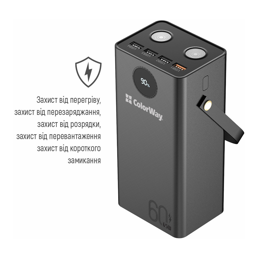 Батарея універсальна ColorWay 60 000 mAh Powerful PD/65W, QC/4.0, AFC, FCP, Black (CW-PB600LPA5BK-PDD) - изображение 4