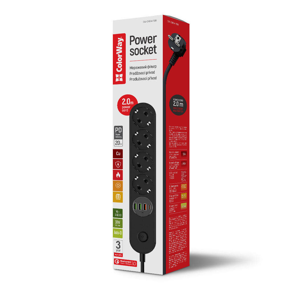 Мережевий фільтр живлення ColorWay 4 розетки/4USB 2M (CW-CHE44PDB) - зображення 5