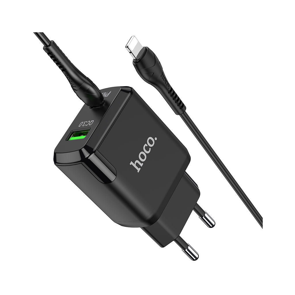 Зарядний пристрій HOCO N5 Favor dual port PD20W+QC3.0 (cable C to iP) Black (6931474738912) - зображення 3
