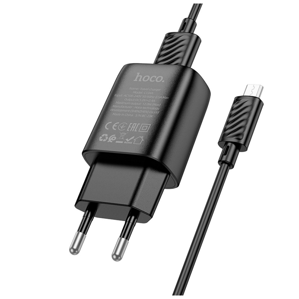 Зарядний пристрій HOCO C134A Solid USB + cable USB to Micro 5P Black (6942007621335) - зображення 4