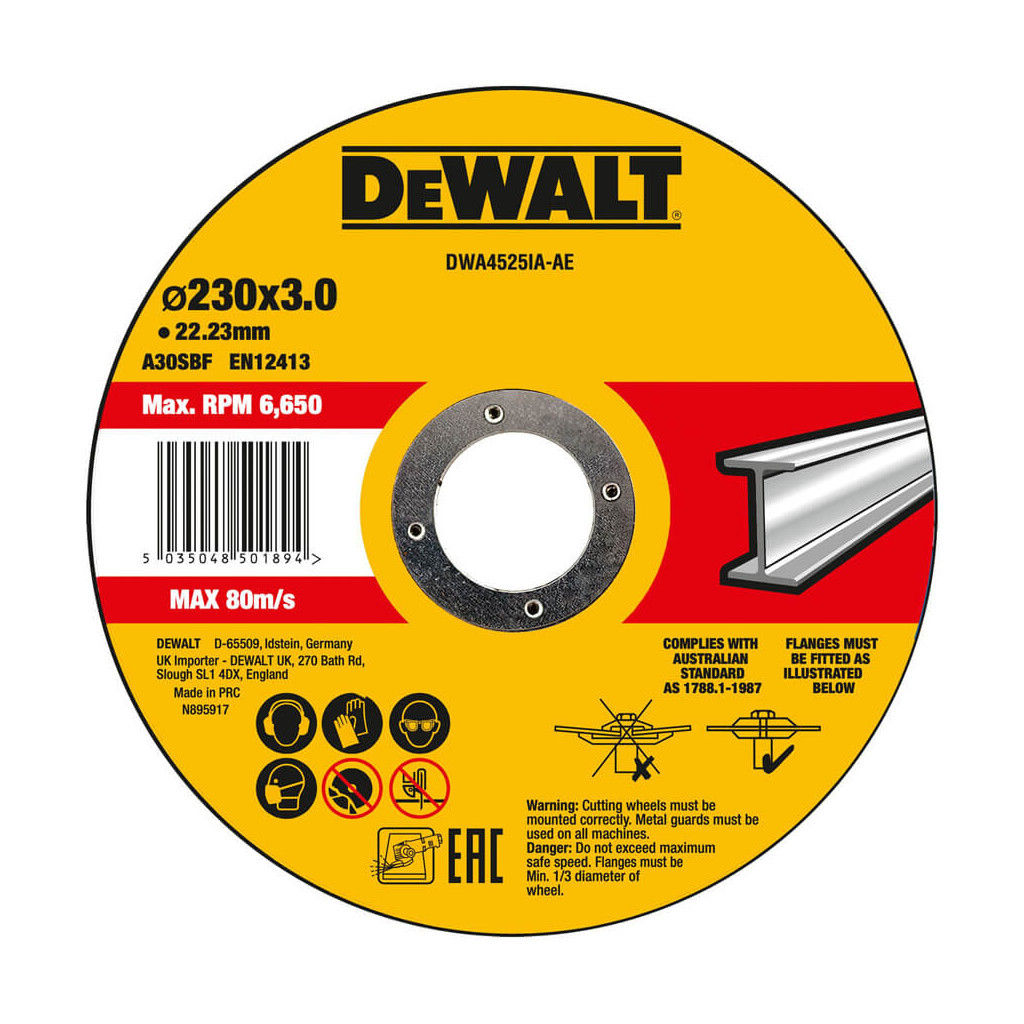 Круг відрізний DeWALT HIGH PERFORMANCE, сталь/труби та профілі/кольорові метали 230х3х22.23 мм (DWA4525IA) - зображення 1