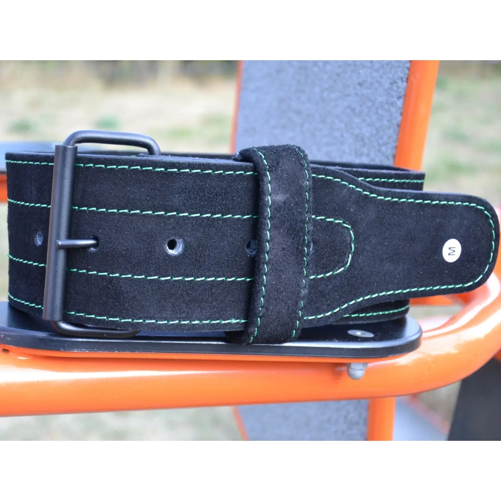 Атлетичний пояс MadMax MFB-301 Suede Single Prong шкіряний Black/Green L (MFB-301_L) - зображення 6