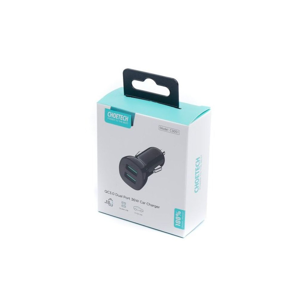 Зарядний пристрій Choetech car 2хUSB-A 36W QC black (C0051-BK) - зображення 4
