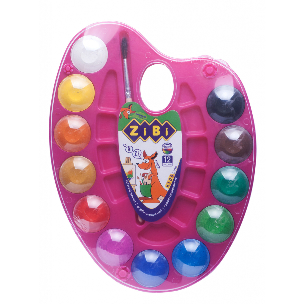 Акварельні фарби ZiBi KIDS Line на палітрі, 12 кол. натур. пензель рожева (ZB.6558-10) - зображення 1