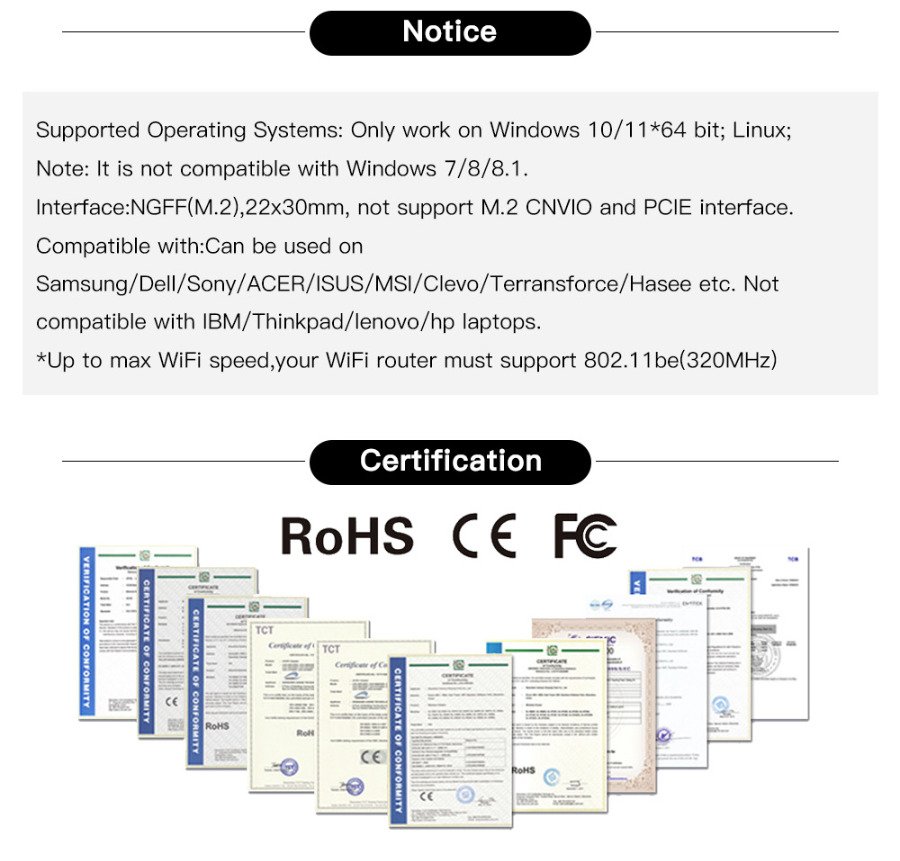 Бездротовий адаптер Fenvi FV-BE200NG Wi-Fi 7, Bluetooth 5.4 Adapter, Tri-band 2.4G/5G/6GHz - зображення 14