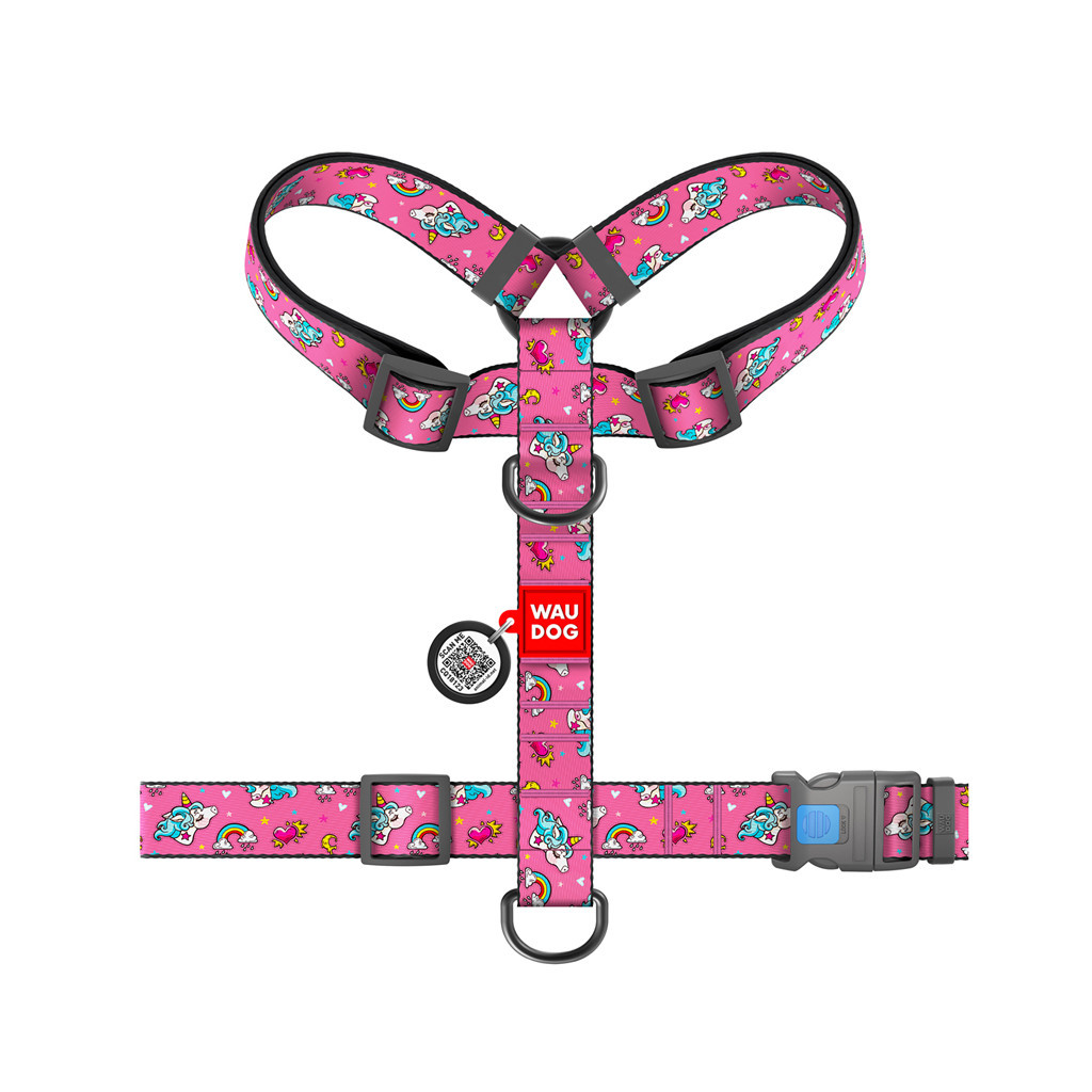 Шлея для собак WAUDOG Nylon анатомічна H-подібна з QR-паспортом "Єдинороги" пластиковий фастекс XL (323-0013) - изображение 2